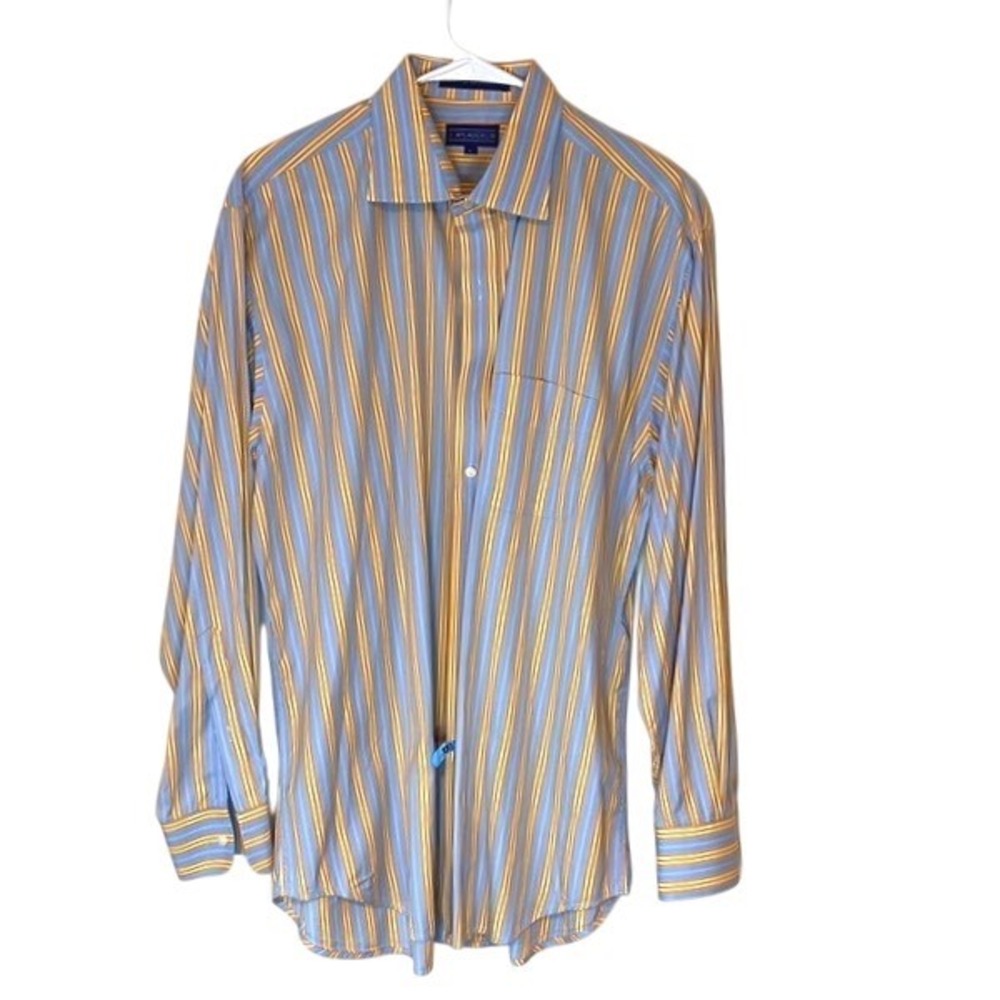 J. McLaughlin Button‎ Down Shirt Mens L Blue Orange Stripe Superfine 100s Cotton